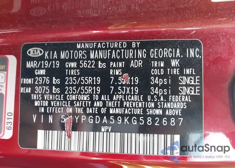 2019 Kia Sorento 3.3L S z USA, uszkodzony, nr VIN 5XYPGDA59KG582687